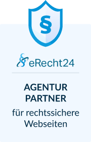 Logo von eRecht24 mit einem Schild, auf dem ein Paragraphenzeichen zu sehen ist. Unter dem Logo steht der Text „AGENTUR PARTNER für rechtssichere Webseiten“.
