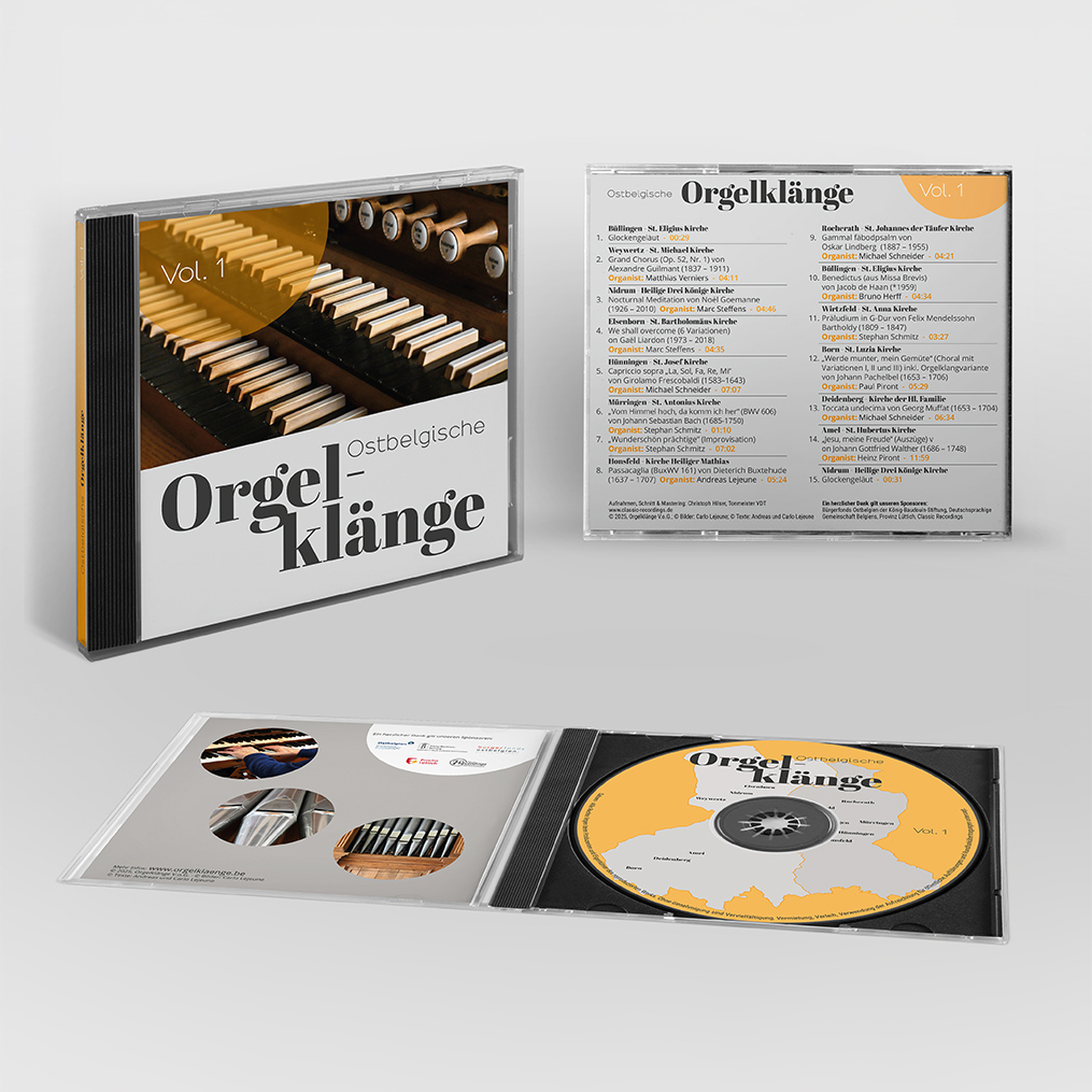 Foto eines CD Sets "Orgelklänge Vol. 1" mit Orgel Tastatur auf dem Cover, geöffneter Hülle mit CD, Booklet und Trackliste in Gelb, Schwarz und Weiß.