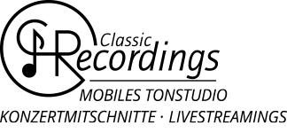 Logo von Classic Recordings mit einer Musiknote und stilisierten Buchstaben. Unter dem Logo steht: Mobiles Tonstudio, Konzertmitschnitte, Livestreamings.