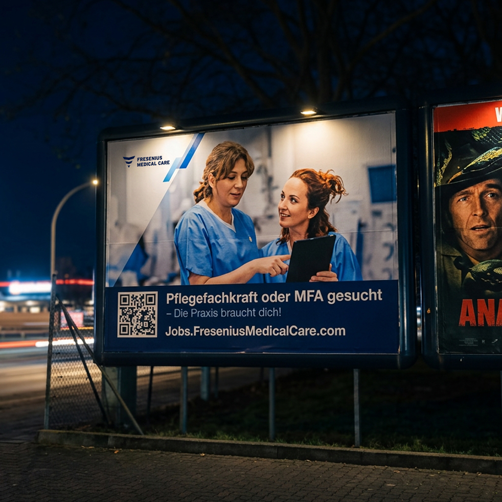 Foto von einem beleuchteten Werbeplakat bei Nacht: Zwei Frauen in blauer Arbeitskleidung schauen gemeinsam auf ein Tablet. Plakat wirbt für Jobs im Gesundheitswesen, zeigt QR Code und die Website Jobs.FreseniusMedicalCare.com.