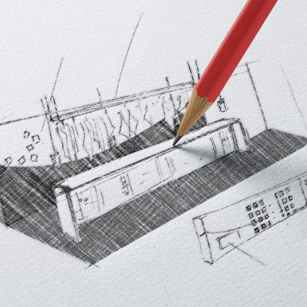 Skizze eines Messestandes mit Bleistift