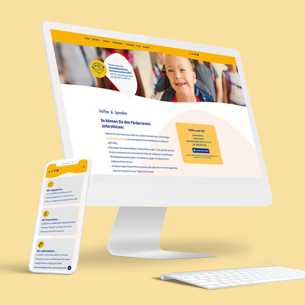 Screenshot von einem Computerbildschirm und Smartphone mit einer Website in Gelb, Blau und Weiß, Kind lächelnd, Info zu Spenden.