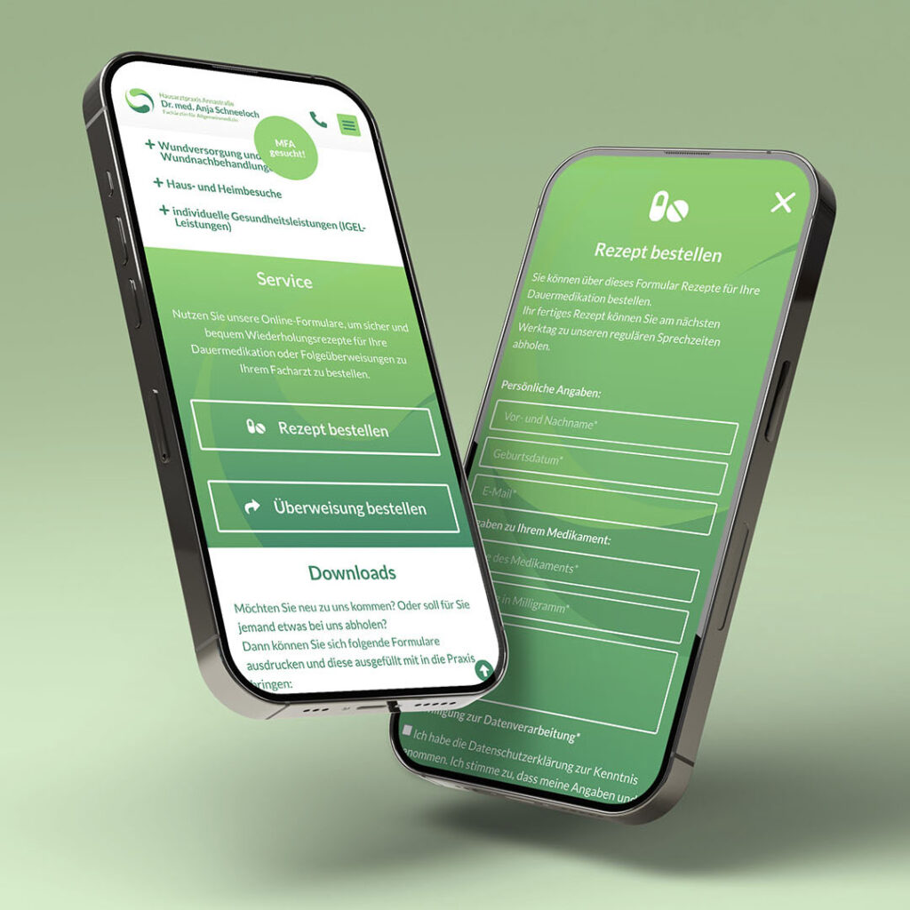 Screenshot von zwei Smartphones mit einer grünen Gesundheitsapp auf Deutsch; Optionen für Rezepte, Überweisungen und Formulare sichtbar.